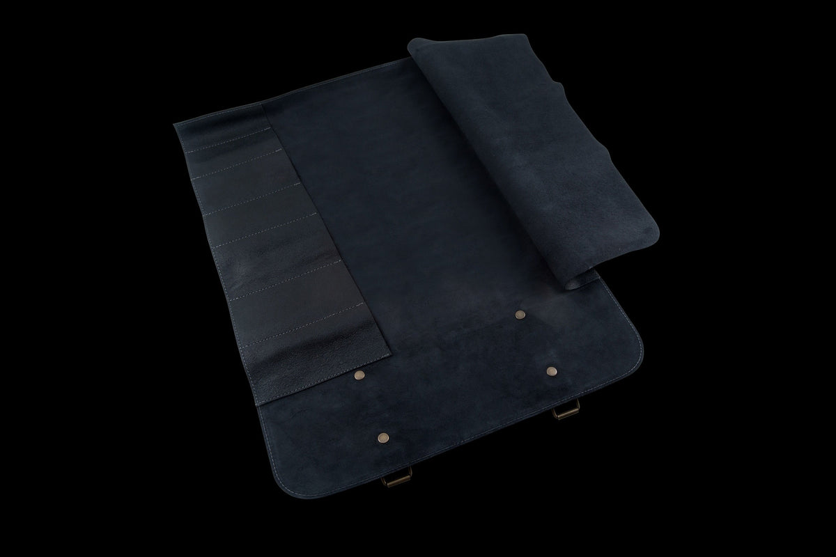 VINTAGE LEATHER BLACK KNIFE ROLL - 7 POCKET