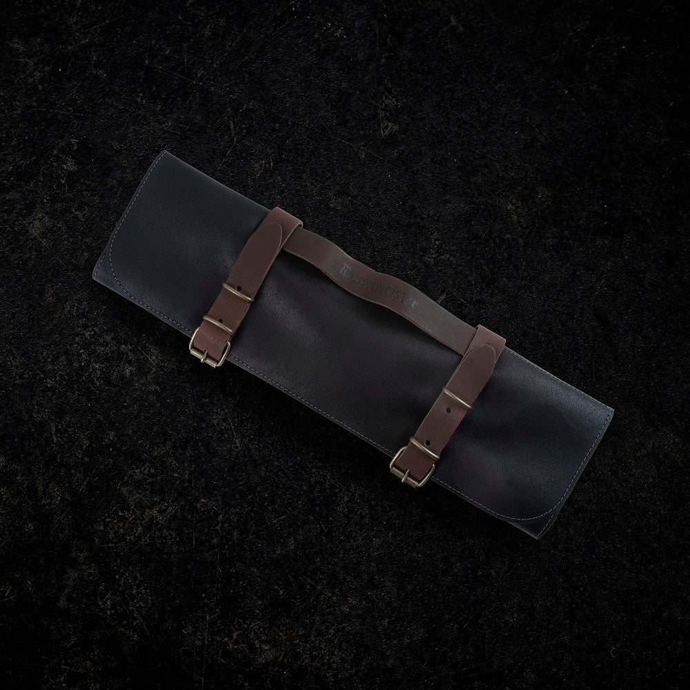 VINTAGE LEATHER BLACK KNIFE ROLL - 7 POCKET