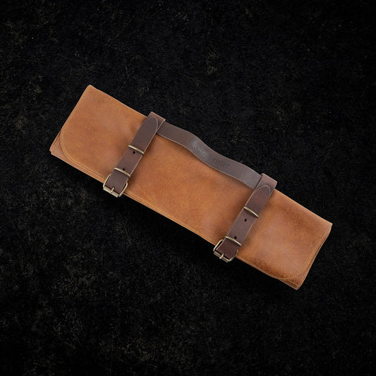 VINTAGE LEATHER AMBER KNIFE ROLL - 7 POCKET